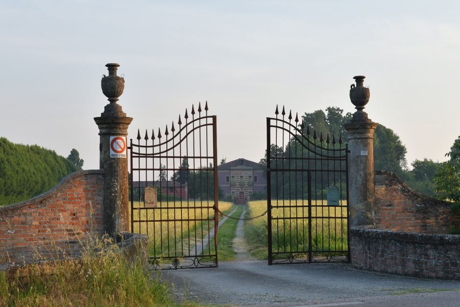 A decorative gate with a sun pattern in the bars