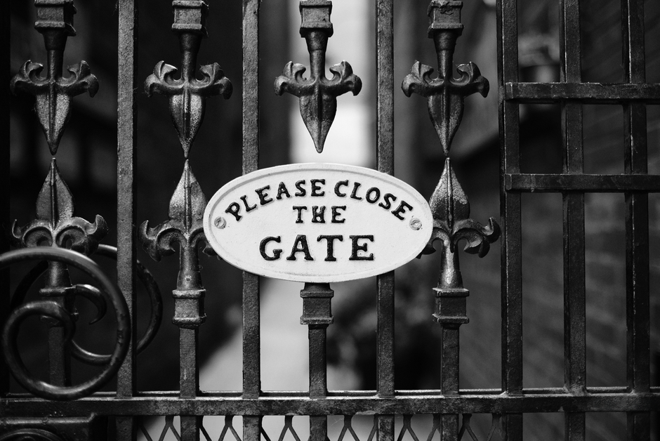 A metal gate in a fence line with scrollwork along the top rail